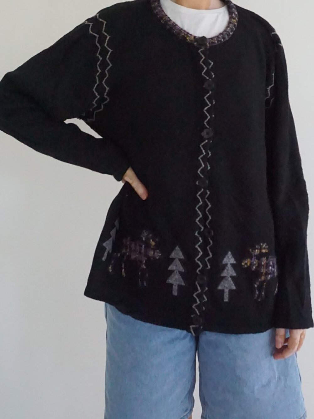 Vintage Timberlea Black Christmas Tree Reindeer Ugly Christmas Cardigan XL